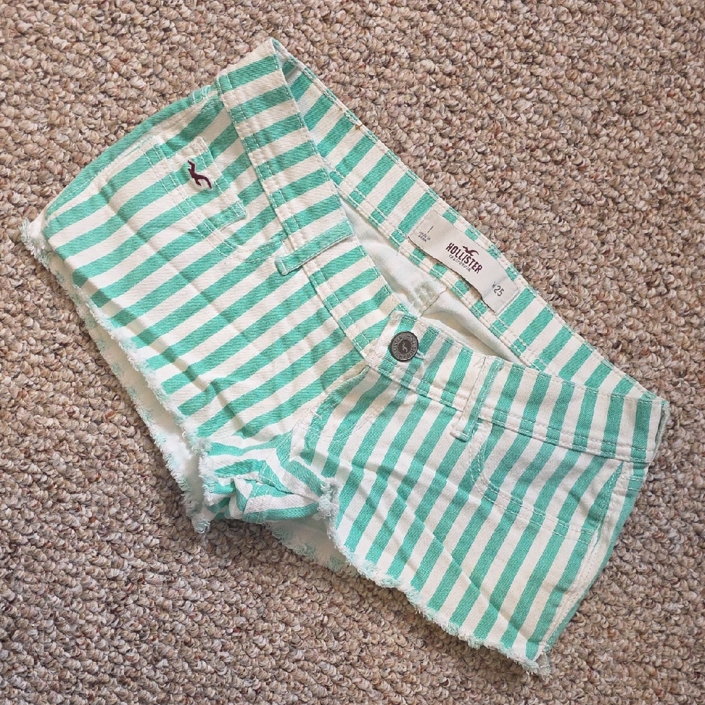 Hollister Green and White Striped Cutoff Shorts